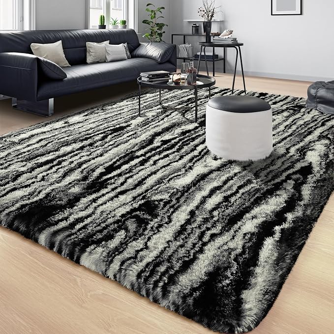 Tepook Fluffy Large Rugs for Living Room, Shag Area Rug 6x9 Soft Carpet for Bedroom, Modern Shaggy Rug for Kids Boys Girls, Plush Indoor Nursery Home Decor Rug with Non-Slip Bottom, Black White