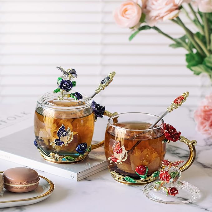 BTaT- Floral Glass Tea Cups with Lids & Spoon Set, Pack of 2, 11 oz, Blue & Red, Flower Design with Gift Box, Fancy Tea Cups, Dishwasher Safe
