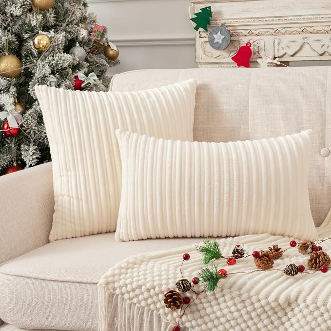 UGASA Decor Corduroy Striped Velvet Cushion Cover Velvet Pillow Covers for Sofa/Couch/Bedroom, 1 Pack, 20"x20"(50x50cm), Cream