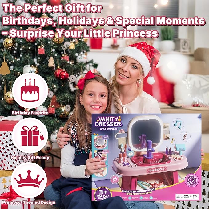 Kids Vanity Set with Mirror, Faucet, LED Lights & Music – Purple Princess Makeup Table with Stool, 23 Pretend Accessories, Toddler Vanity Beauty Salon Toy Gift for Girls Ages 3–6 Dress Up Play