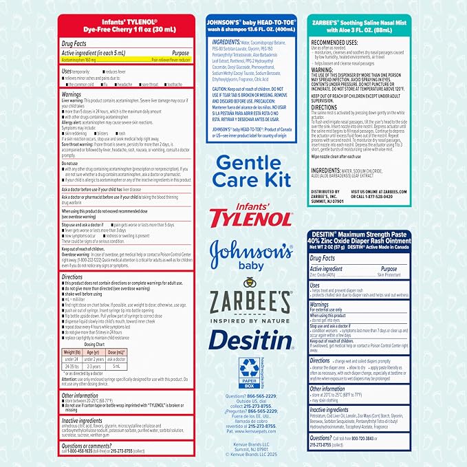 Johnson's Baby Gentle Care Kit, Baby Skin Care, 4 Items, Includes Desitin Maximum Strength Paste, Infants' Tylenol, Fever Reducer, Johnson's Baby Head-to-Toe Baby Wash, Zarbee's Soothing Saline Mist