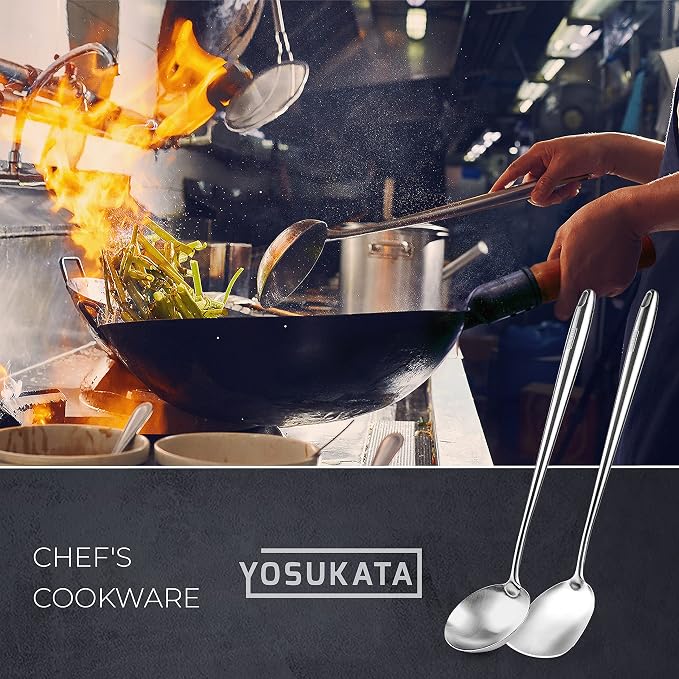 YOSUKATA Blue Carbon Steel Round Bottom Wok Pan 14" + Stainless Steel Wok Lid + 17’’ Spatula and Ladle - Set of 2 Heat-Resistant Tools