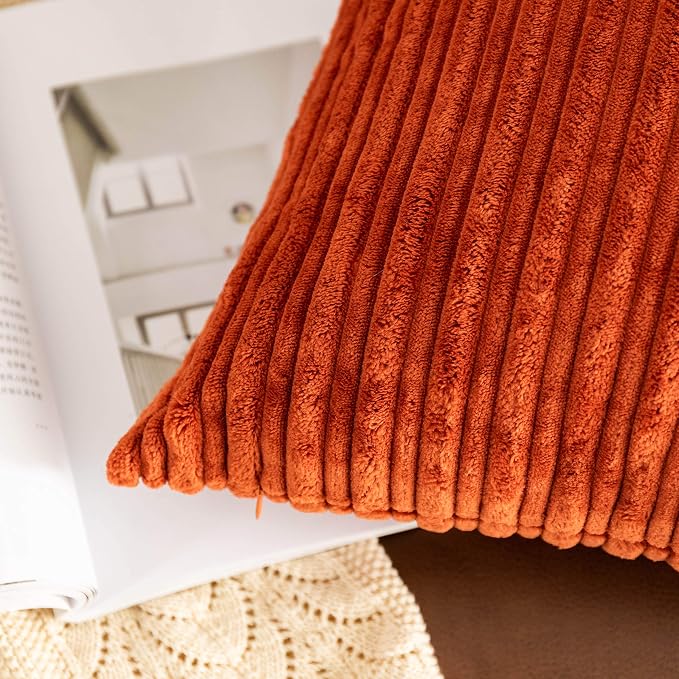UGASA Fall Decor Super Soft Striped Corduroy Throw Pillow Covers Large Sham Cushion Cover Living Room, 2 Pcs, 22" x 22" (55cm), Burnt Brick