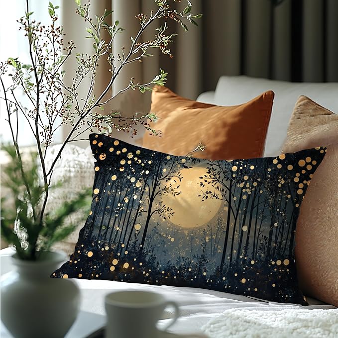 Vintage William Morris Inspired Gold Moon Pillow Covers 20x12,Rustic Black and Gold Forest Moon Botanical Nature Landscape Decorative Throw Pillow Covers for Home Bedroom Living Room