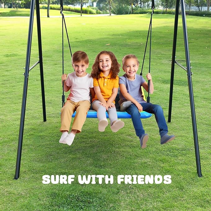 Trekassy Swing Sets for Backyard, 440lbs Heavy Duty A-Frame Metal Stand with 60" Large Platform Swing for Outdoor Playground Park (Black Frame + Rainbow Swing)(Patented)