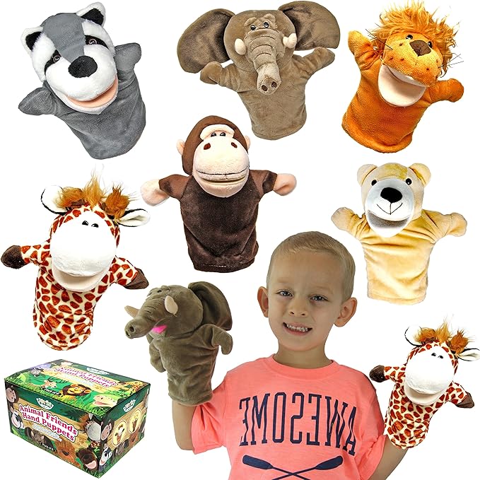 JOYIN 6Pcs Kids Hand Puppet Set with Working Mouth, Toddler Animal Plush Toy Includes Elephant, Giraffe, Lion, Bear, Raccoon and Monkey for Show Theater, Christmas Birthday Gifts for Kid