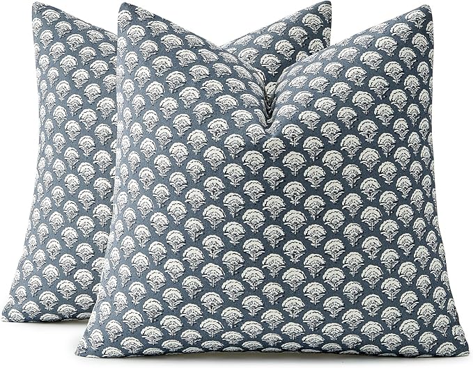 MIULEE Floral Print Decorative Pillow Covers 18x18, Dusty Blue | Vintage Boho Farmhouse Modern Home Decor, Set of 2, Block Print Cushion Covers for Couch Sofa Bed Living Room