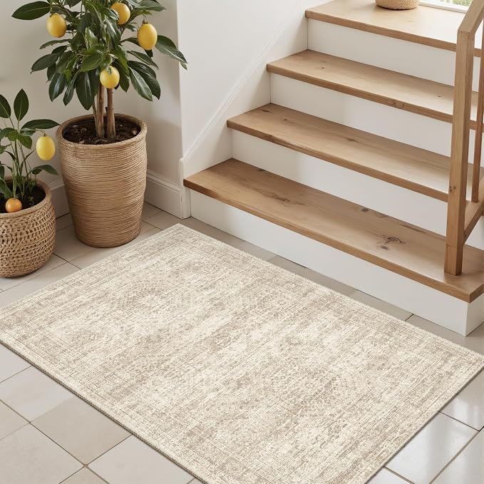 Soalmost 2x3 Washable Rugs for Kitchen, Entryway, Small Area Rug Beige | Non-Slip Vintage Low Pile Throw Door Mat For Bathroom Entry Laundry Powder Room, Stain Resistant Indoor Entrance Floor Carpet