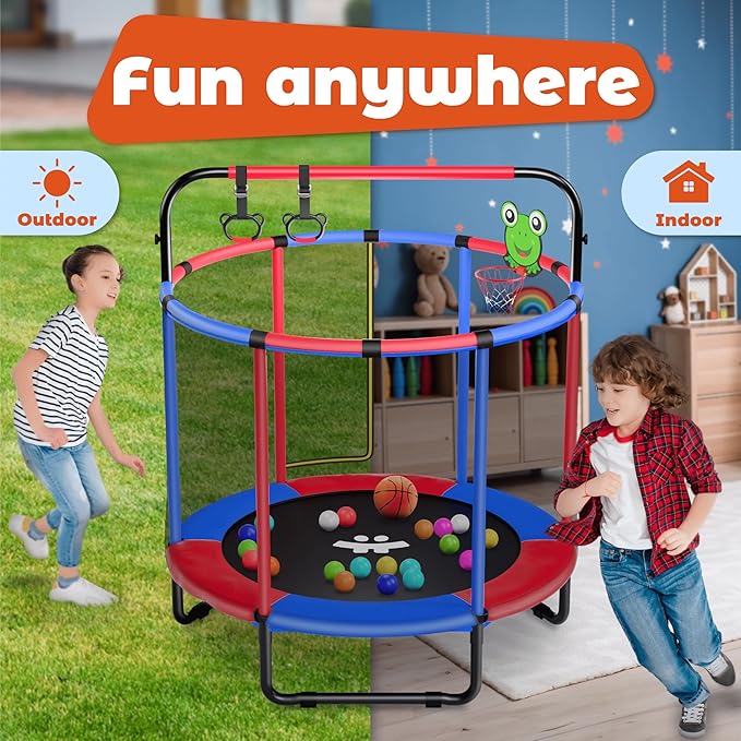 Happin® 55†Toddler Trampoline Indoor & Outdoor Playset, 5FT Kids Trampoline, Ultra Safe Mini Trampoline for Kids with Safety Enclosure Net, Gifts for Birthday with Basketball Hoop