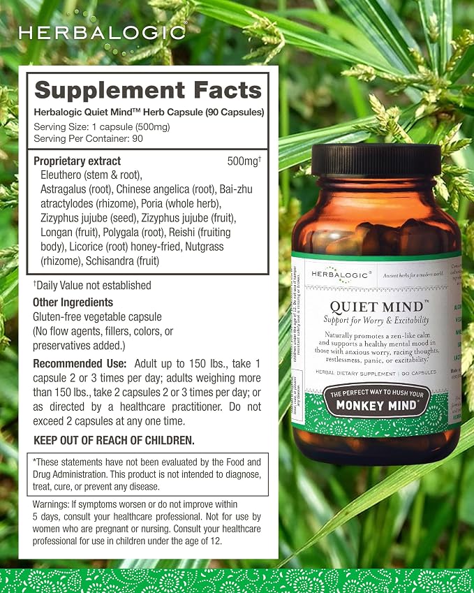 Herbalogic - Quiet Mind Herb Capsules - Non-Sedating, Promotes a Feeling of Zen-Like Calm - Eases Worry - Based on the Traditional Chinese Formula GUI Pi Tang - 90 Cap Count