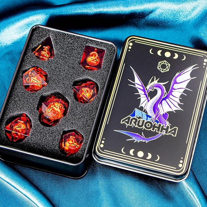 ARUOHHA DND Resin Dice Gazes Eye Dice Red Liquid Core Flaming RPG Sharp Edged Dice Set with Gift Box, Polyhedral D and D Dice Set Compatible with Dungeons Dragons Role Playing Game D20 D6