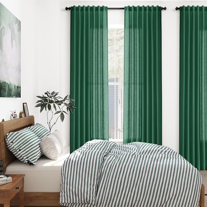 Dark Green Linen Curtains 108 Inches Long for Living Room 2 Panels Set Extra Long Back Tab Curtain Sheer Light Filtering Emerald Green Drapes Floor to Ceiling Curtains for Large Windows 52x108