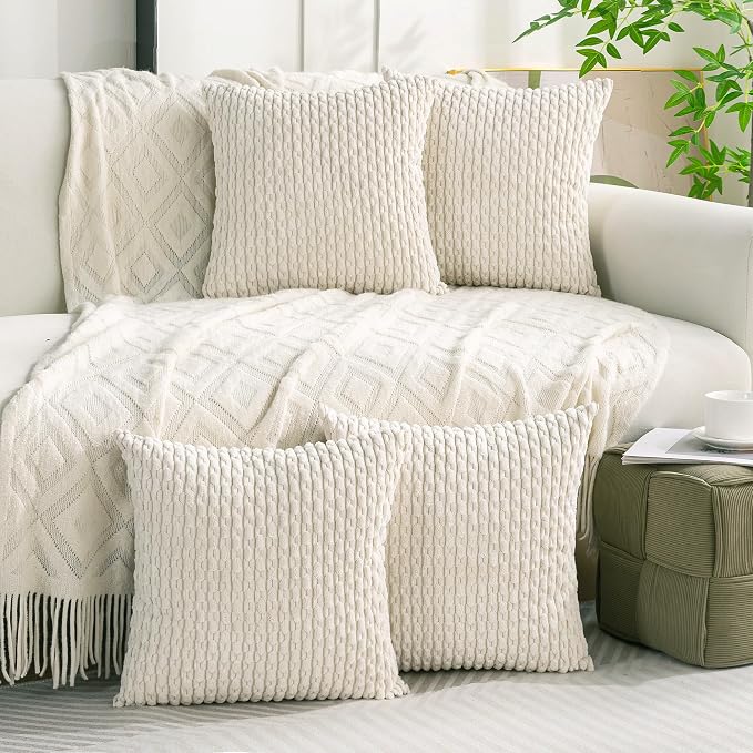 Set of 4 Cream White Decorative Throw Pillow Covers 22x22 Inch Corduroy Pillow Covers for Bed Couch Sofa Living Room Soft Square Cushion Cases