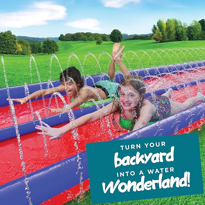 Stargo 2 Person Slide Backyard Water Fun Slip Down and Slide - 25 Feet x 6 Feet Waterslide with Sprinkler and Inflatable Body Boards for Kids - Outdoor Summer Toy