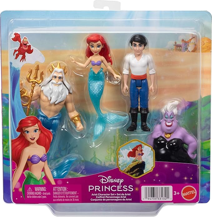 Mattel Disney Princess Toys, Small Doll 4-Pack with Mermaid Ariel, Prince Eric, Ursula & King Triton, Plus Trident Accessory, Inspired by Movie