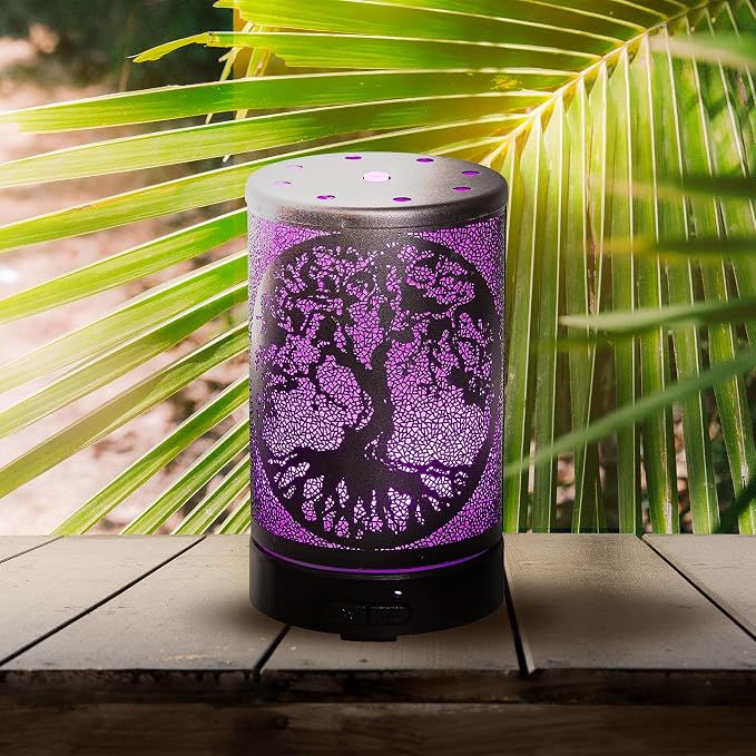 AROMAR Essential Ultrasonic Oil Diffuser Cool Mist Humidifier & Aromatherapy Metal Diffusers for Essential Oils with Auto Shut-Off and 7 Colors LED for Home and Office (Black Tree of Life)