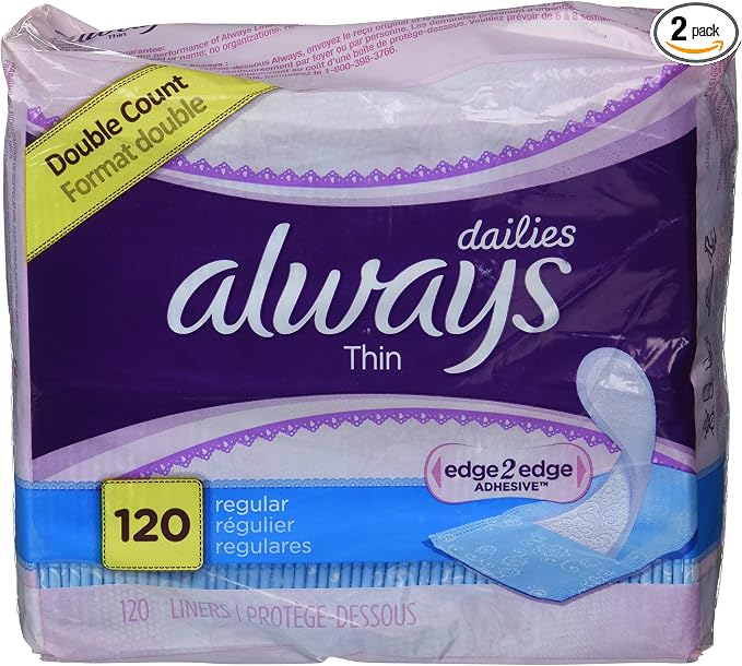 Always Dailies Regular, Thin, Unscented Pantiliners, 60 Count - Pack of 2 (120 Total Count)