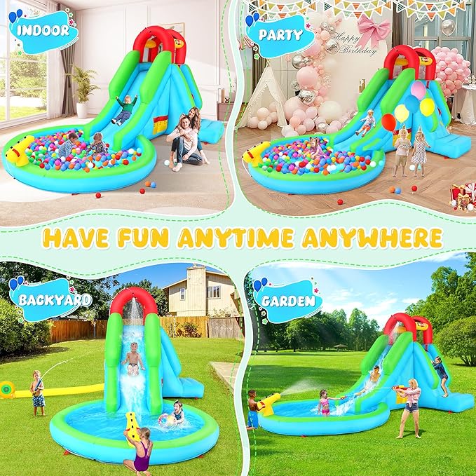 Inflatable Water Slide with Blower, 13x8.3x7.1 FT Blow Up Water Slide for Kids, 5-in-1 Compact WaterPark w/Long Slide, Water Cannon, Climbing Wall & Splash Pool for Backyard Outdoor Fun