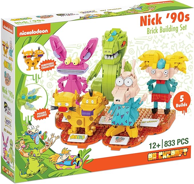 Brickcraft Nickelodeon 90s Brick Building Set 833-Piece Kit to Build Reptar, Arnold, Catdog, Ickis, Rocko Posable Figures for Display & Play Retro Holiday for Kids & Collectors Ages 12+