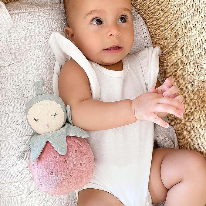 MON AMI Pinky Berry Soft Baby Rattle Toy – 7” Plush Stuffed Animal with Sound, Baby Rattle for Infants