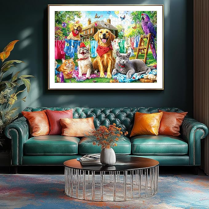 Laundry Day Pets 1000 Piece Jigsaw Puzzle for Adults - Colorful Backyard Garden Scene with Dogs, Cats & Parrot - Playful Animal Challenging & Fun Adult Puzzle - Vibrant Home Dรฉcor & Game Night Gift
