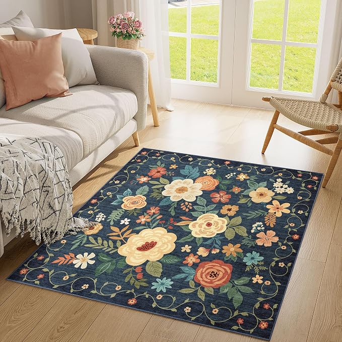 DUKINO 4x4 Square Area Rug, Floral Washable Rug for Entryway, Navy Blue | Soft, Low Pile, Floral Indoor Circle Rug for Bedroom, Kitchen, Nursery, Living Room, Pet Friendly, Home Decor, Lightweight