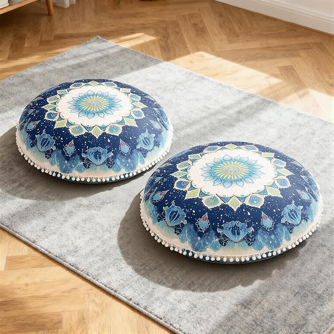 Meditation Cushion 32 Inch Round, Large Floor Pillow Seating for Adults, Bohemian Mandala Yoga Cushion, Extra Thick Memory Foam Removable Washable Cover, Ideal Gift & Holiday Decor, Green