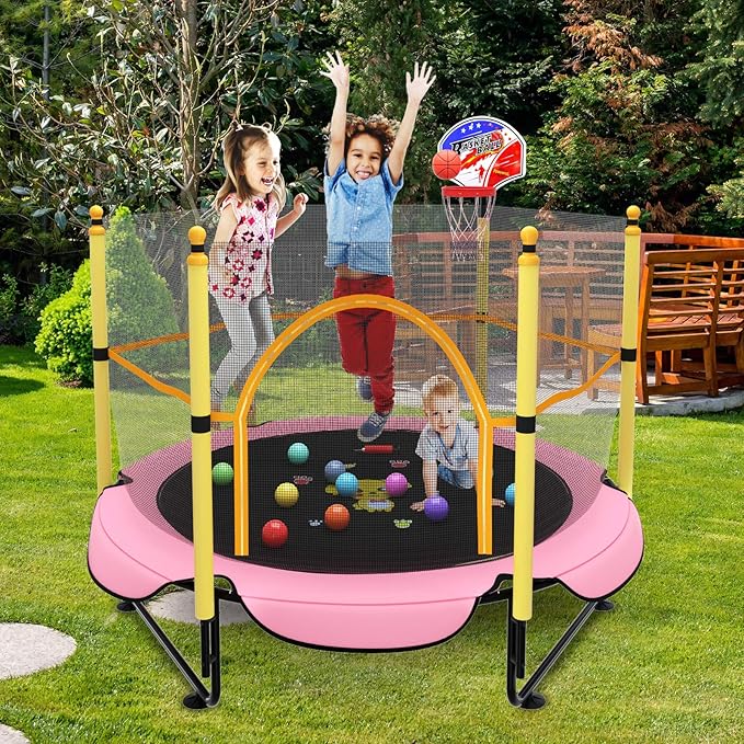 5FT Trampoline for Kids Toddler Indoor Trampoline with Safety Enclosure Net, Mini Basketball Hoop, Jumping Mat for Home Entertainment Equipment Outdoor Backyard Games