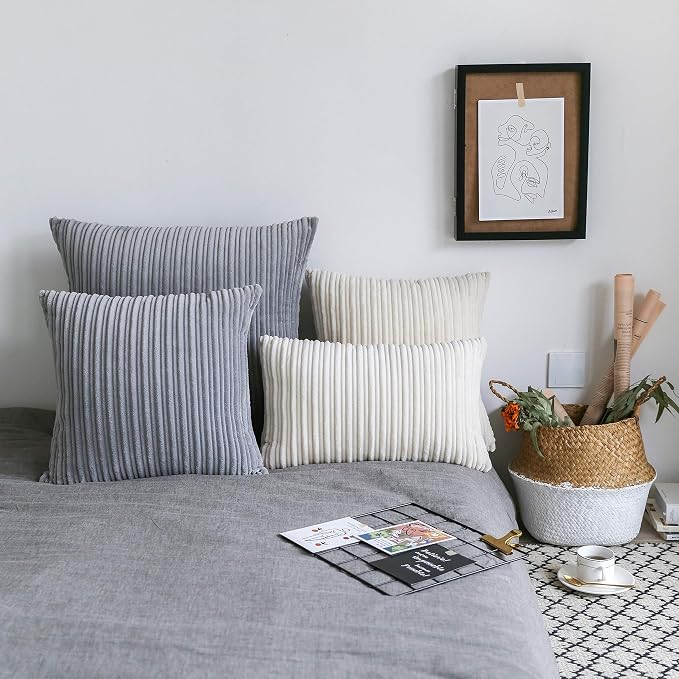 UGASA Pack of 2, Velvet Pillow Covers Striped Decorative Throw Cushion Case with Hidden Zipper for Home Couch/Bedroom/Car, Soft Cozy Solid Square (20"x20", Light Grey)