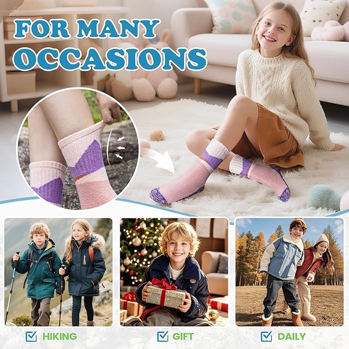 WEVIAS Kids Merino Wool Hiking Socks Boys Thermal Winter Cozy Boot Warm Cushion Socks 6 Pairs