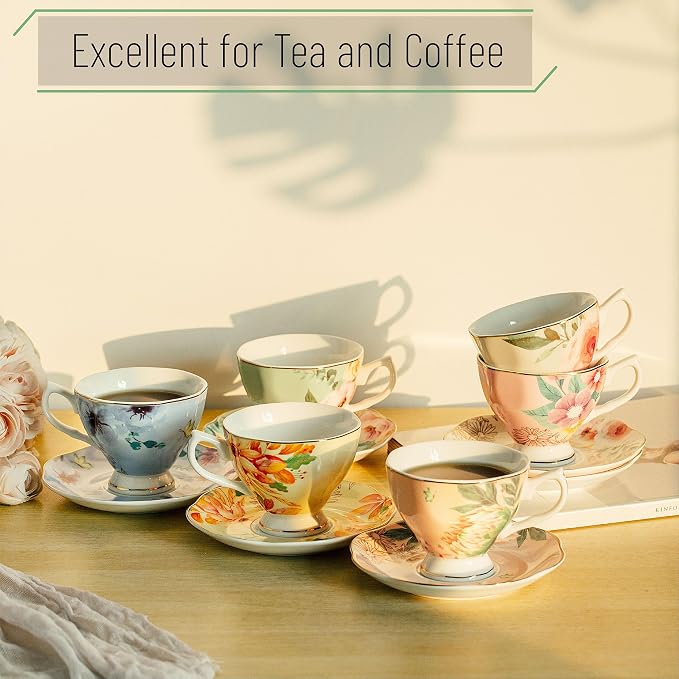BTaT- Floral Tea Cups and Saucers, 6 Pack, 8 oz | Fine Porcelain Teacup Set Gold Trim Afternoon Tea Weddings Parties Gifting Dishwasher Safe Lightweight Non Toxic