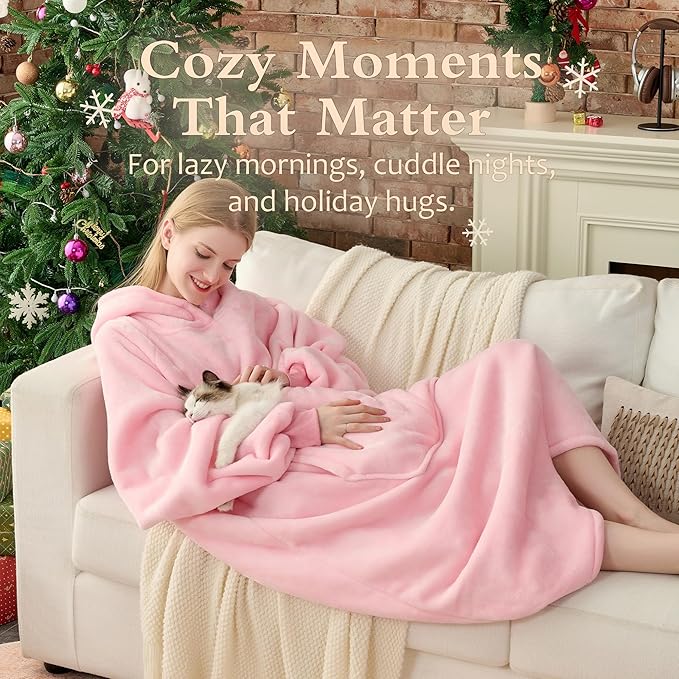 Krifey Big & Tall Wearable Blanket Hoodie with Cat Pocket, Extra Long Oversized Fleece Blanket for Adults, Cozy Birthday Gifts, Christmas Gifts