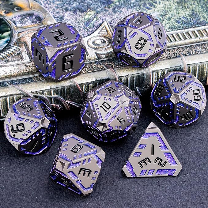 Metal DND Sci-fi Dice Set 7PCS Stripe Polyhedral Dice for Dungeons Dragons RPG Role Playing Game, Glitter D and D Dice with Gift Box D6 D8 D10 D12 D20 (Black Purple) 