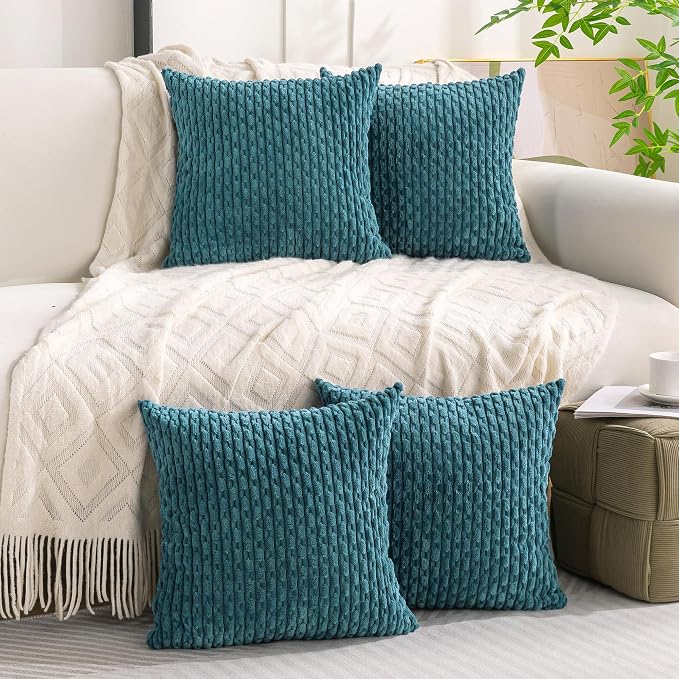 Set of 4 Teal Decorative Throw Pillow Covers 22x22 Inch Corduroy Pillow Covers for Bed Couch Sofa Living Room Soft Square Cushion Cases