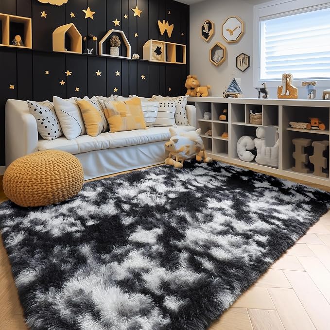 Amdrebio Black White Grey Rugs for Living Room Bedroom, 8x10 Large Fluffy Shaggy Furry Area Rug for Kids Room Dorm Home Office Apartment, Fuzzy Shag Plush Floor Modern Cool Carpet for Men Teen Boys