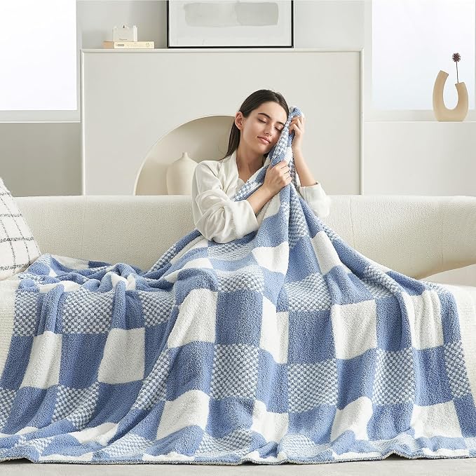 Snuggle Sac Checkered Blanket, Blue Throw Blanket for Couch Plaid Microfiber Fluffy Warm Fuzzy Cozy Soft Throw Blanket Reversible Checkered Blankets for Sofa, Chair, Bed, 50x60 inches