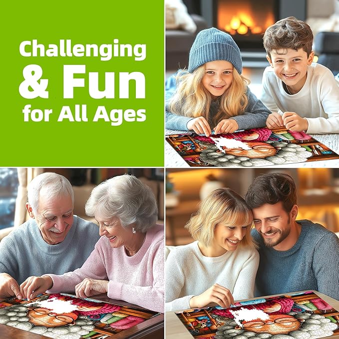 Funny Knitting Grandma Puzzles for Adults 500 Pieces Cozy Craft Room Colorful Yarn Sewing Machine Jigsaw Puzzle with Letters on Back Whimsical Cartoon Challenging Puzzles for Family Game Night