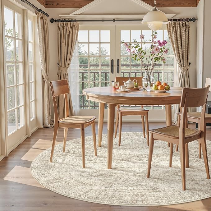 Soalmost 6x6 Beige Round Rug 6ft Circle Living Room Area Rugs Non-Slip | Washable Vintage Indoor Carpet for Dining Bedroom, Low Pile Stain Resistant Foldable Floor Mat Entryway Home Office Decor