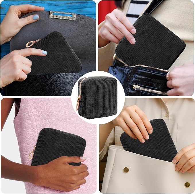 Period Bag for Girls, Corduroy Sanitary Napkin Storage Bag, Period Pouch & Tampon Holder, Feminine Care Organizer(Black)