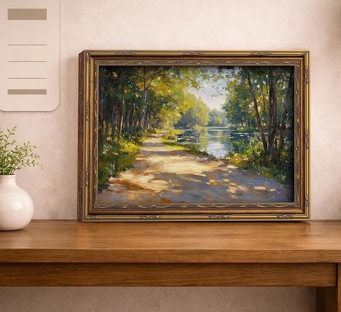 Vintage Gold Framed Canvas Wall Art Sunshine Forest Impressionist Landscape Painting Picture Wall Decor Spring Summer Green River Nature Scenery Poster Print Artwork for Living Room Bedroom