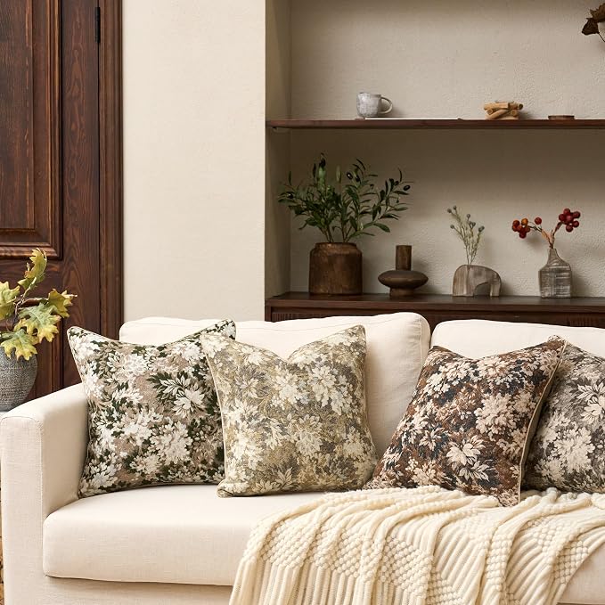 Neutral Floral Pillow Cover 12 x 20 Inches, Vintage Chenille Rectangle Throw Pillow Cover Soft Decorative Farmhouse Accent Couch Pillow Cover for Living Room Bedroom, Green