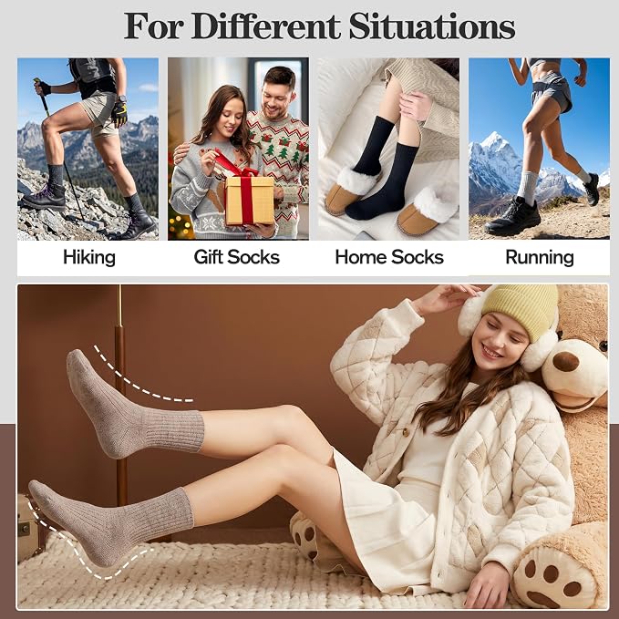 MOGGEI 5 Pairs Womens Merino Wool Socks Hiking Warm Winter Thick Thermal Crew Cozy Cabin Ladies Gift Comfy Boot Work Socks