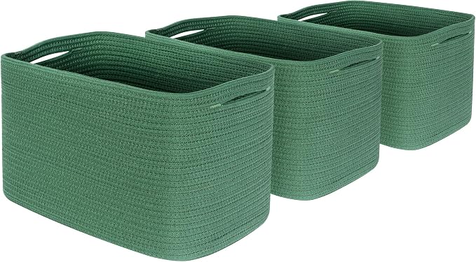 3-Pack Decorative Woven Storage Baskets for Shelves, Cube Bin Box for Organizing Books, Shoes, Dog Toys, Pantry Closet and Living Room Organizer, Forest Green