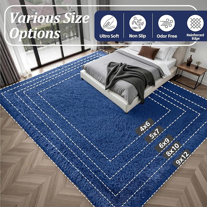 Fluffy 4x6 Area Rugs for Living Room Bedroom: Ultra Soft Shag Rug Non-Slip Non-Shedding Small Plush Bedside Rug Indoor Floor Carpets for Kids Room Playroom Entryway Nursery Dorms Home Decor Blue