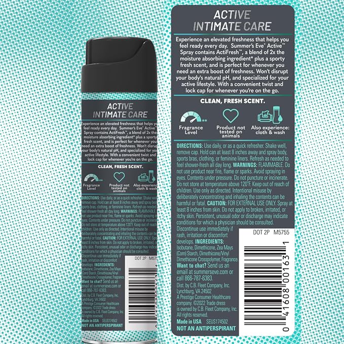 Summer's Eve Active Daily Feminine Spray with Talc-Free, Odor-Neutralizing and Sweat-Absorbing Formula, 2 Oz