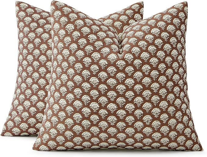 MIULEE Fall Floral Print Decorative Pillow Covers 18x18, Dark Brown | Vintage Boho Farmhouse Modern Home Decor, Set of 2, Block Print Cushion Covers for Couch Sofa Bed Living Room