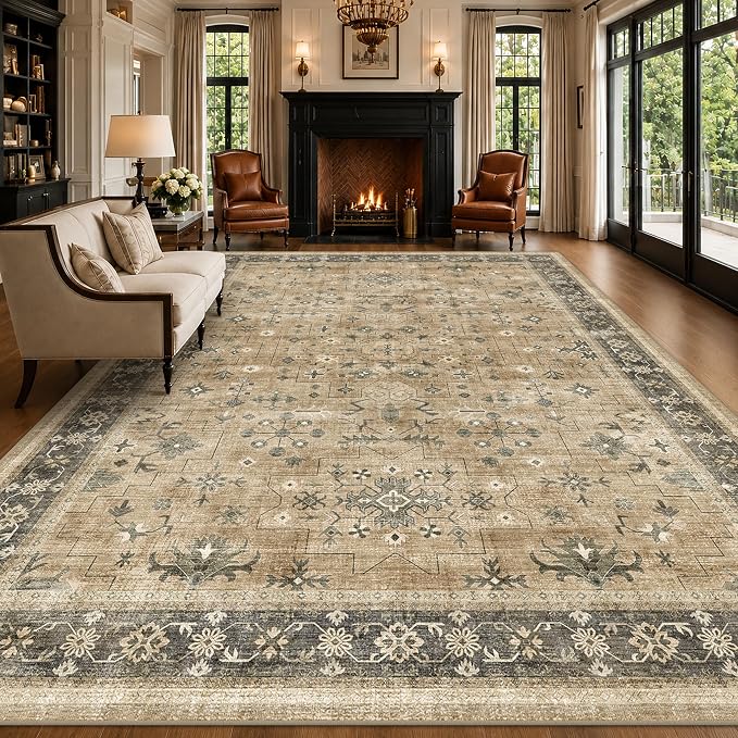 Natural Earthy 7x9 Area Rug for Living Room, Washable Bedroom Carpet, Oriental Large Area Rug for Dining Room Under Table, Non-Slip Stain Resistant
