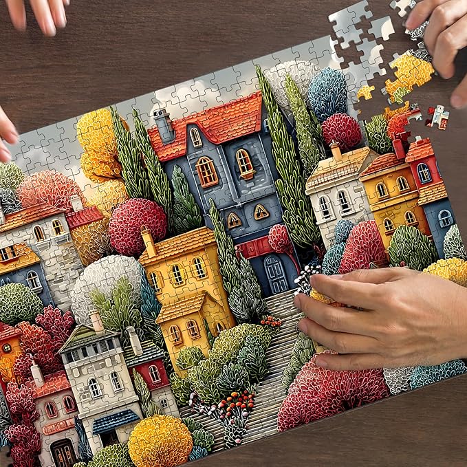 Puzzles for Adults 500 Pieces, Colorful Town Jigsaw Puzzles - Blossom Village, Impossible Colorful Town Puzzles for Seniors Family, 20.47x14.96 inches, 1:1 Poster, Letter on The Back