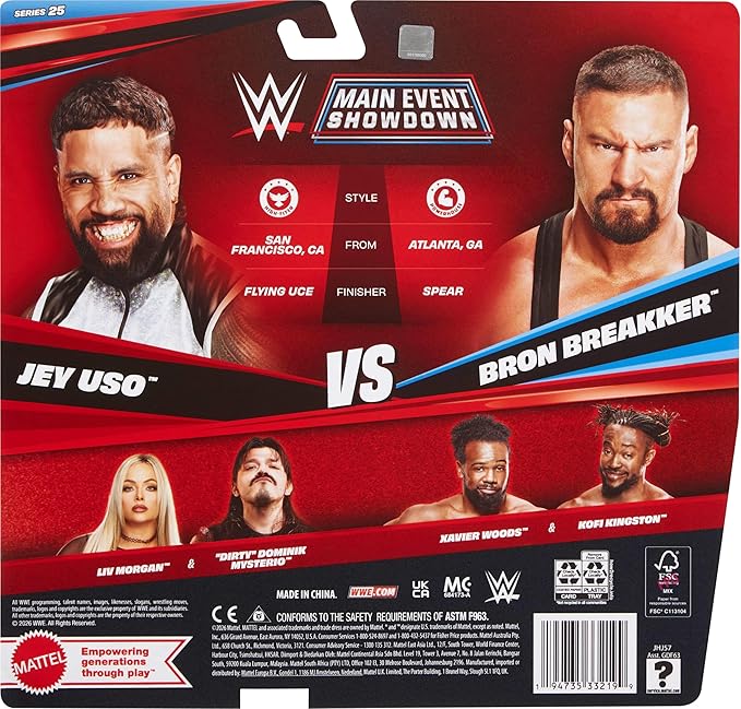 Mattel WWE Main Event Showdown Action Figures 2-Pack with Accessory, Series #25 Bron Breakker vs Jey USO Collectible Set, 6-inch
