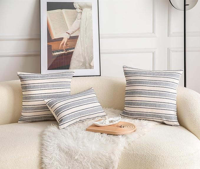 Cethom Decorative Boho Throw Pillow Covers, Farmhouse Textured Pillow Case, 18 x 18 Inch Set of 2, Chair Sofa Bedroom Living Room Decor Couch Cushion Case, Navy Blue and Beige Striped